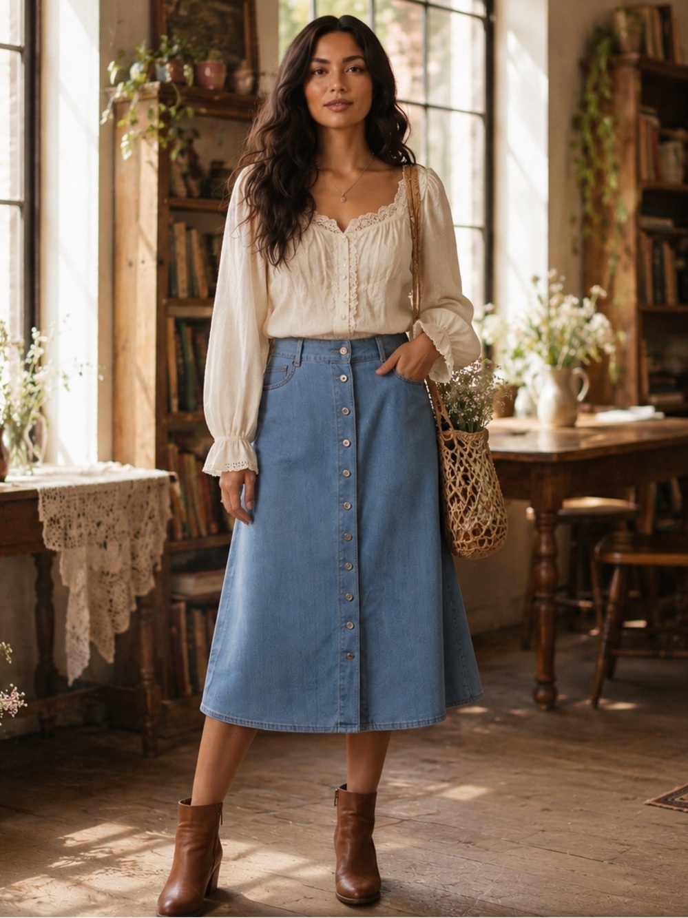 Tanjay‎ vintage midi skirt/ boho/cottagecore/casual chic